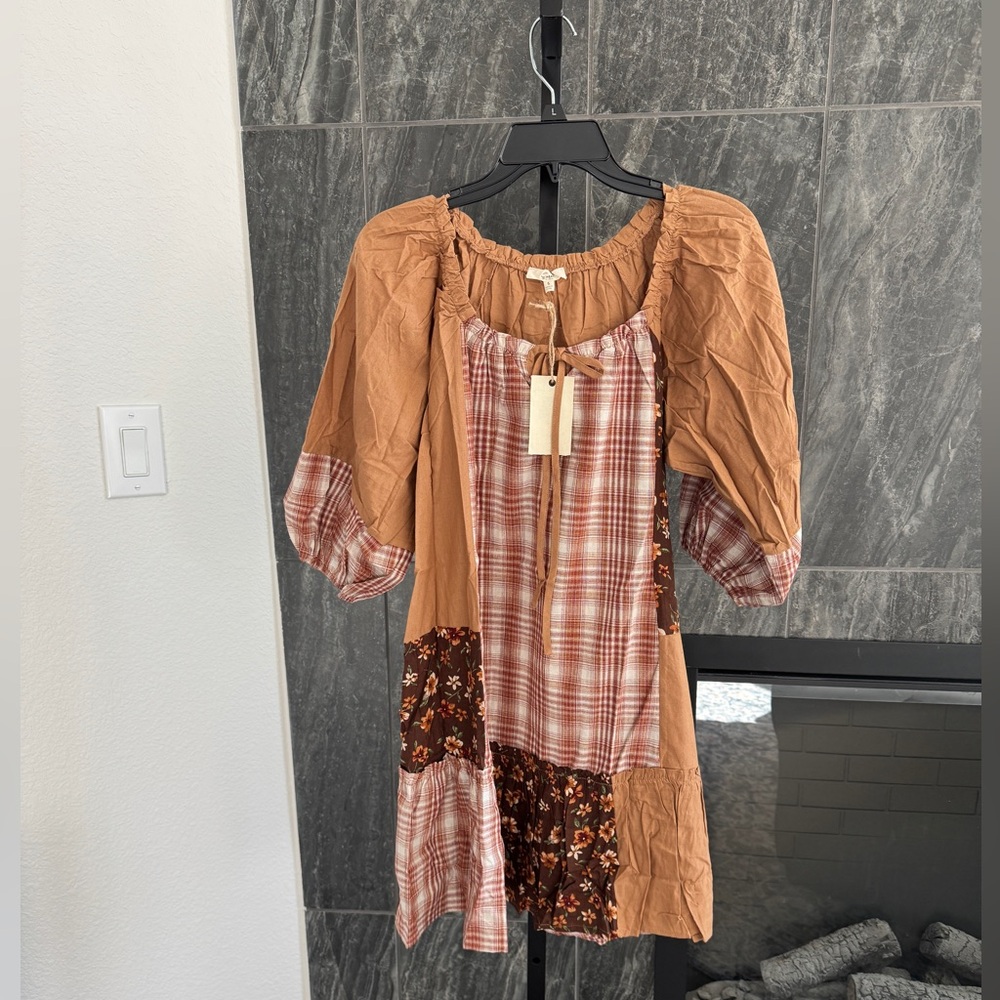 Easel Brown Plaid and Floral Dress NWT